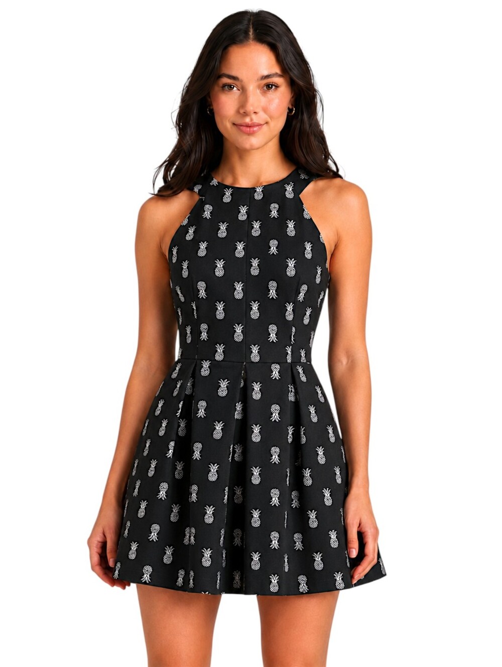 Hollister Skater Dress Open Back Pineapple Print Scuba Black XS